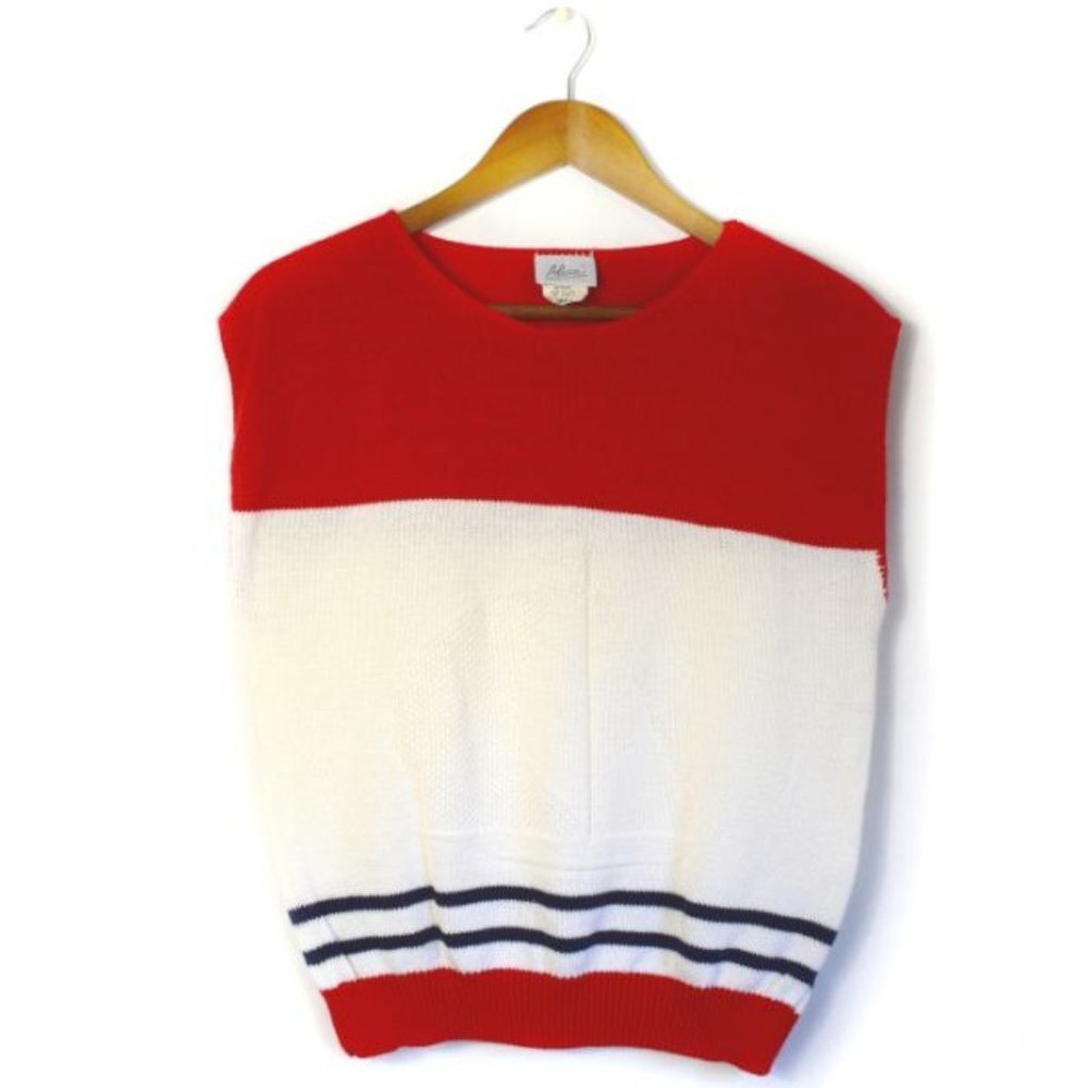 Vintage Red White Blue Sleeveless Knit Sweater with Boat Motif Small